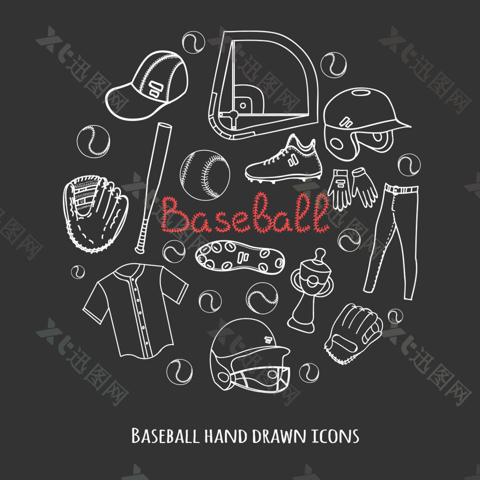 手绘卡通运动棒球用品背景