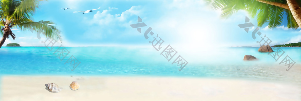 蓝色大海椰树banner背景素材
