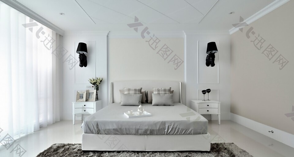 现代冷淡风卧室纯白背景墙室内装修效果图