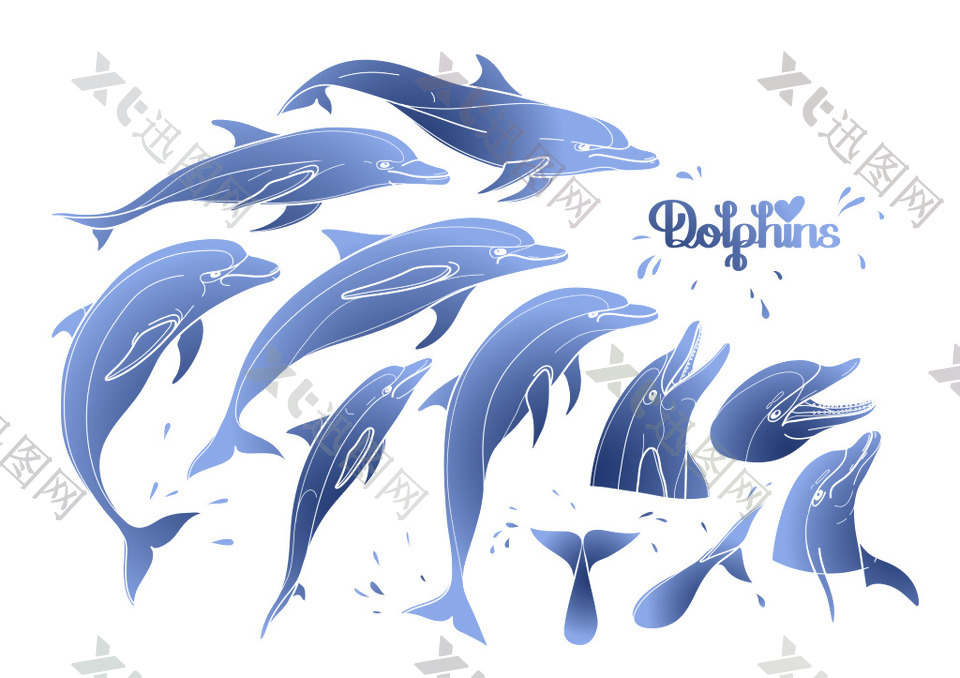 蓝色唯美海豚插画