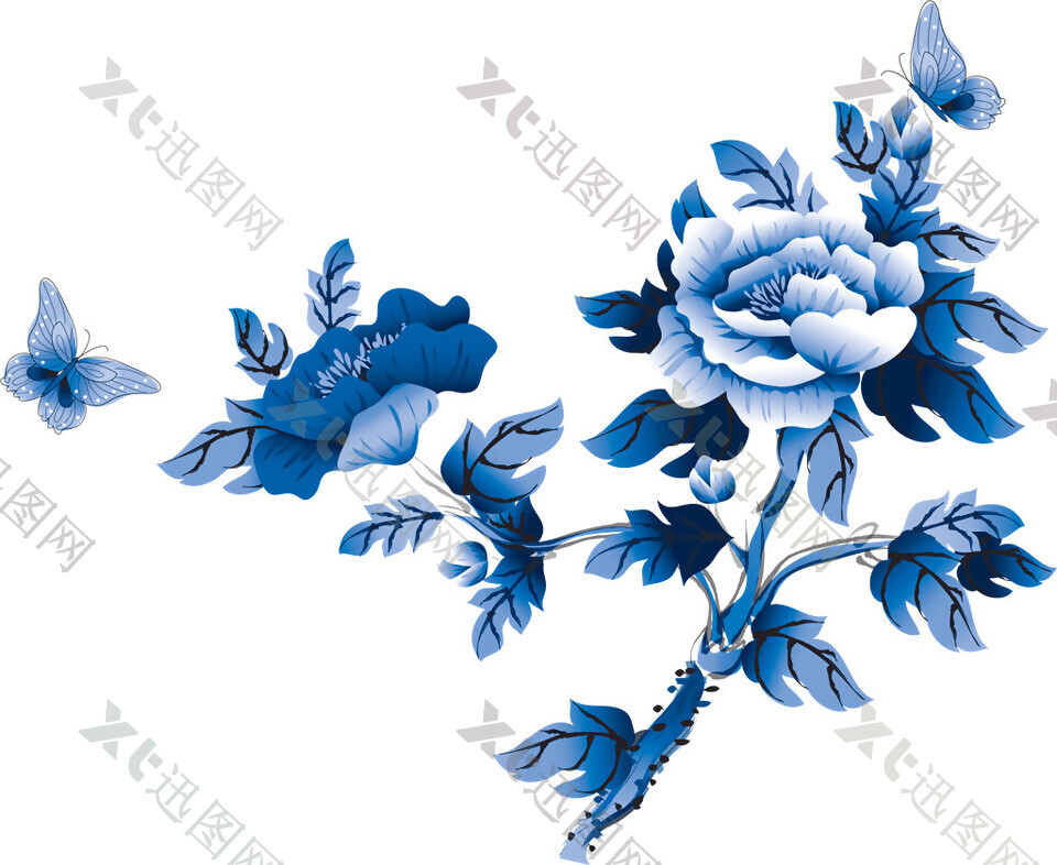 彩绘蓝色牡丹花图案