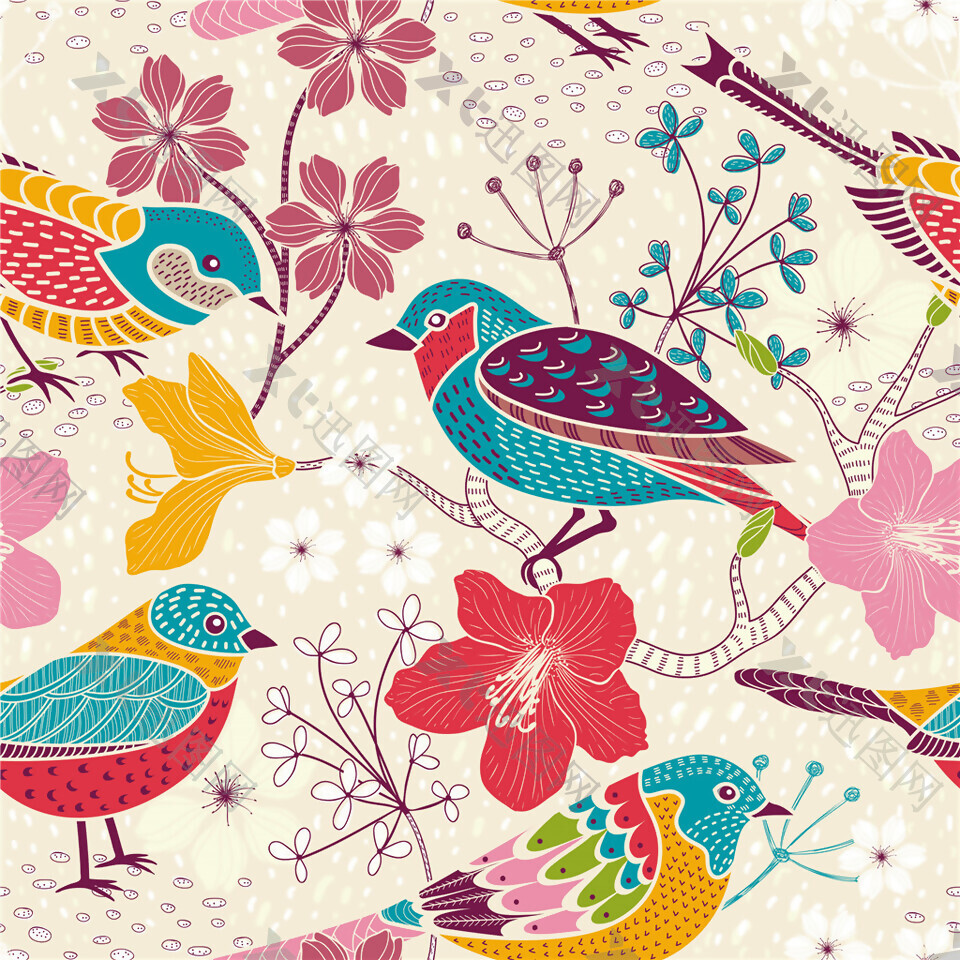 喜庆艳色鸟类壁纸图案装饰设计