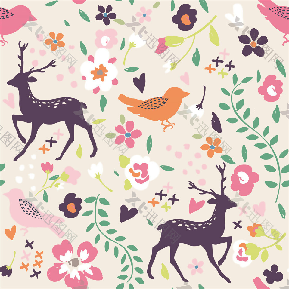 粉色清纯时尚麋鹿壁纸图案装饰设计