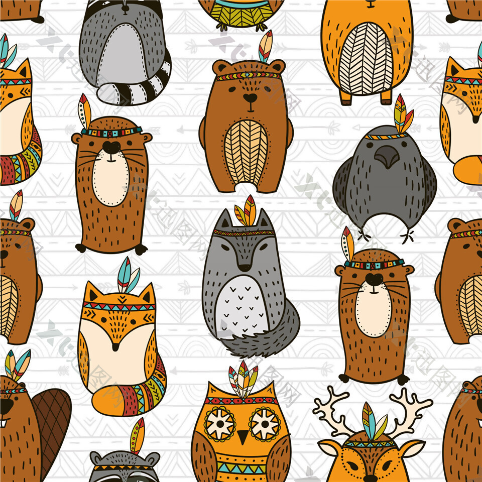 呆萌清新部落元素猫头鹰壁纸图案装饰设计