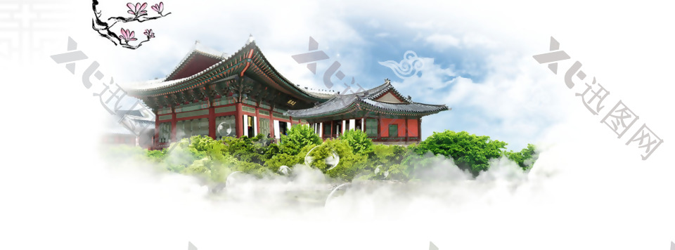 绿色植物寺庙banner背景素材