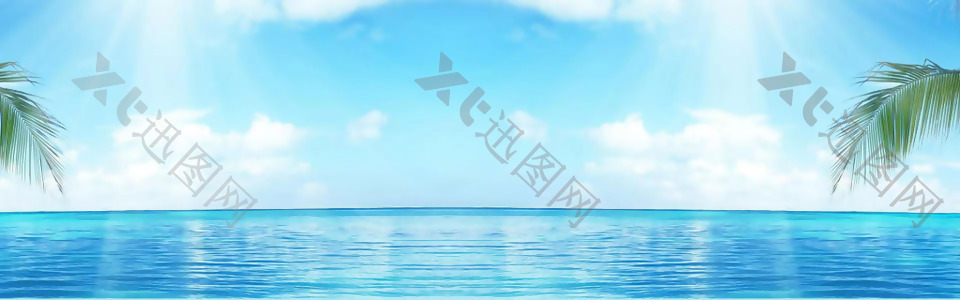 清新蓝色大海椰树banner背景素材