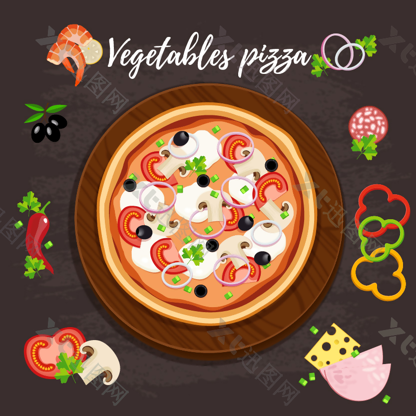 美味的披萨和食材插画