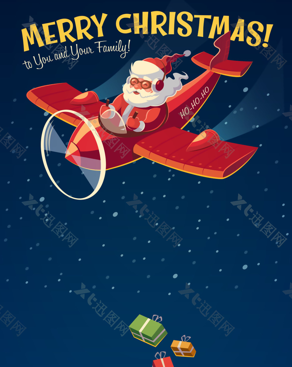 矢量卡通圣诞老人开飞机背景素材