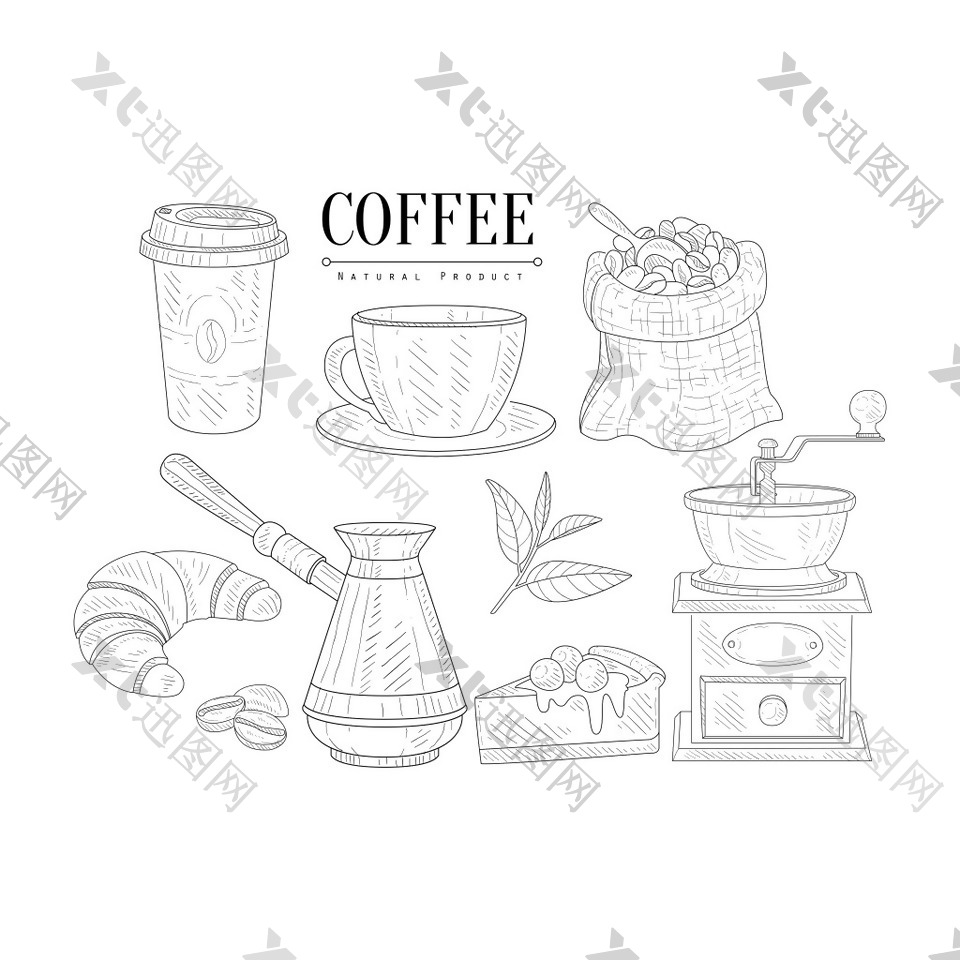黑白线条手绘咖啡用品静物