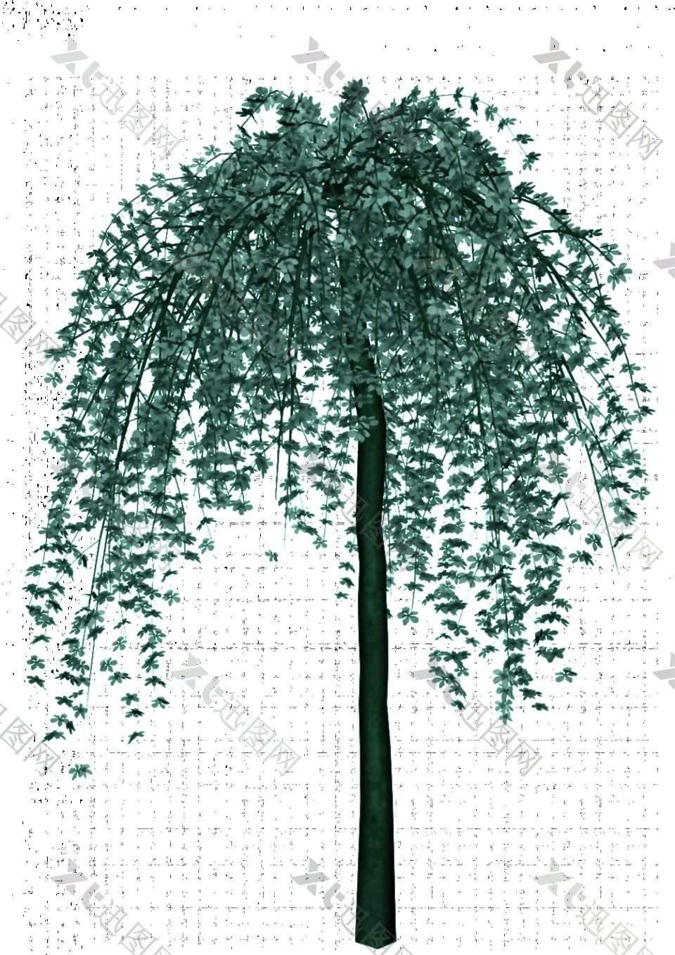 手绘翠绿垂叶大树png透明素材