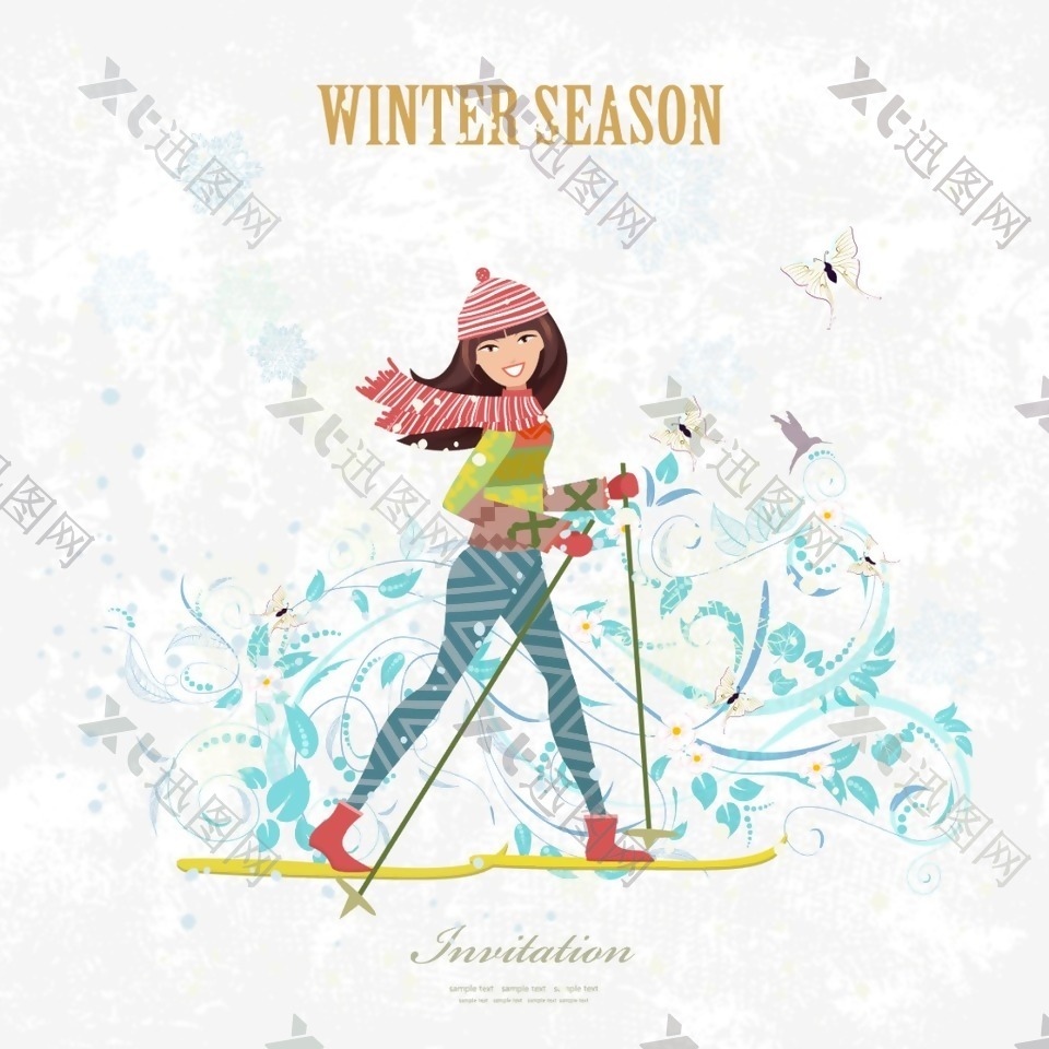 卡通可爱滑雪的女生插画