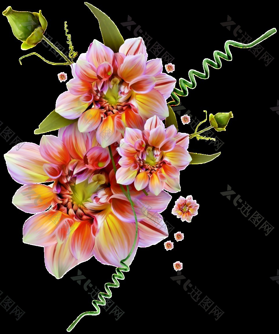 彩绘鲜艳花卉花束png透明素材