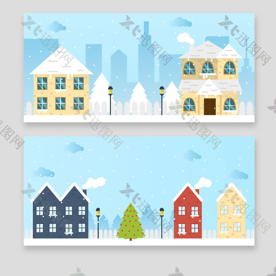 手绘房子浅蓝色圣诞海报背景模板(15)