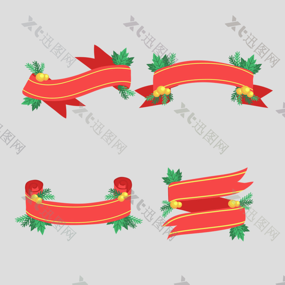 四种红色圣诞飘带丝带免抠psd透明素材