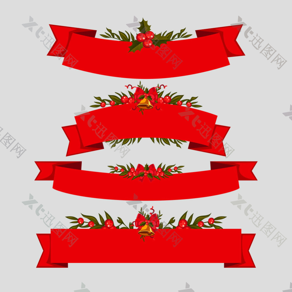 红色对称圣诞飘带丝带免抠psd透明素材