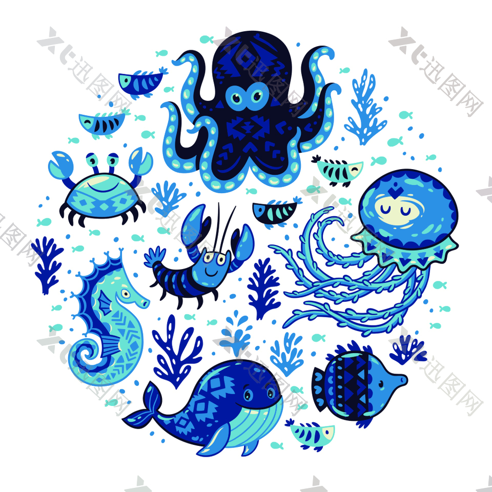 蓝色卡通海洋动物
