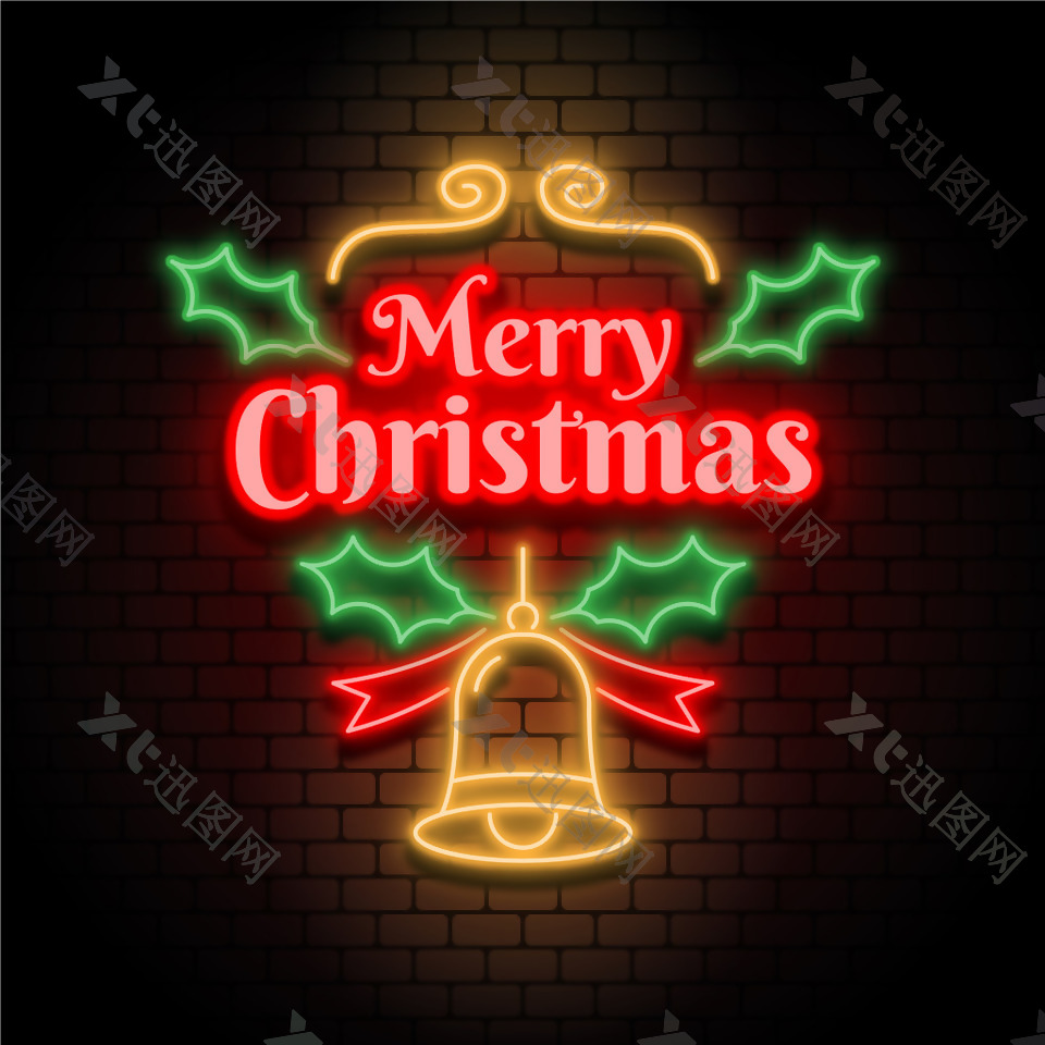 精美圣诞节铃铛霓虹灯元素设计