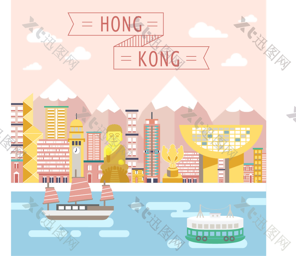 卡通扁平创意香港旅行插画