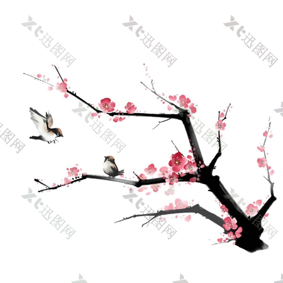 手绘喜鹊桃树元素
