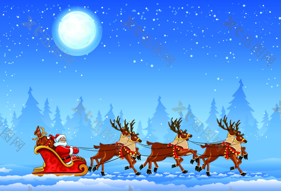 雪橇驯鹿圣诞老人森林雪景海报背景