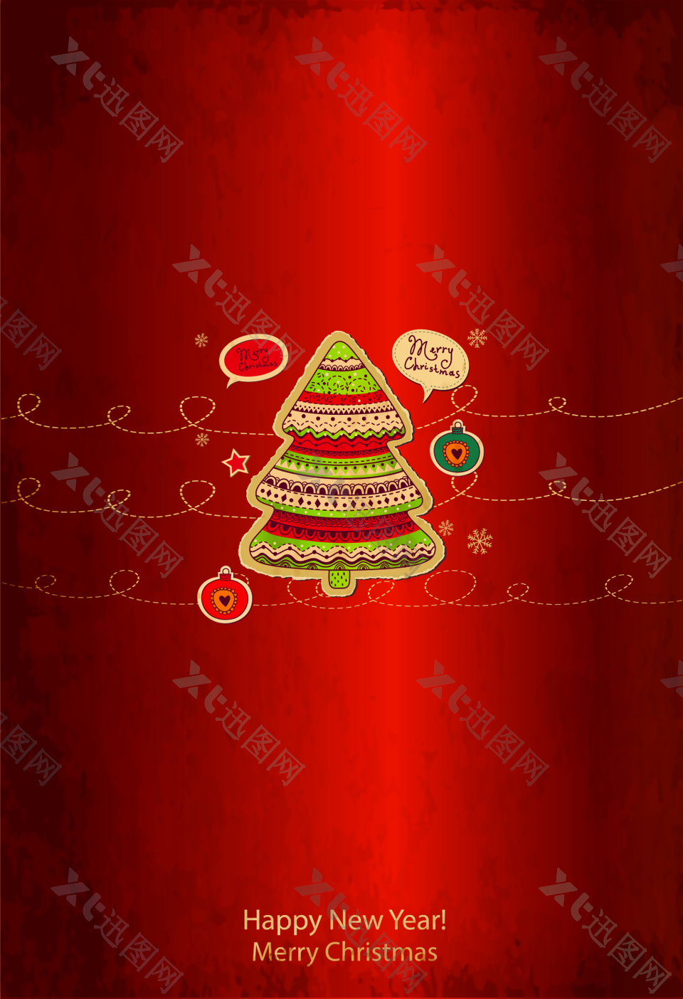 红色童趣手绘圣诞树海报背景素材