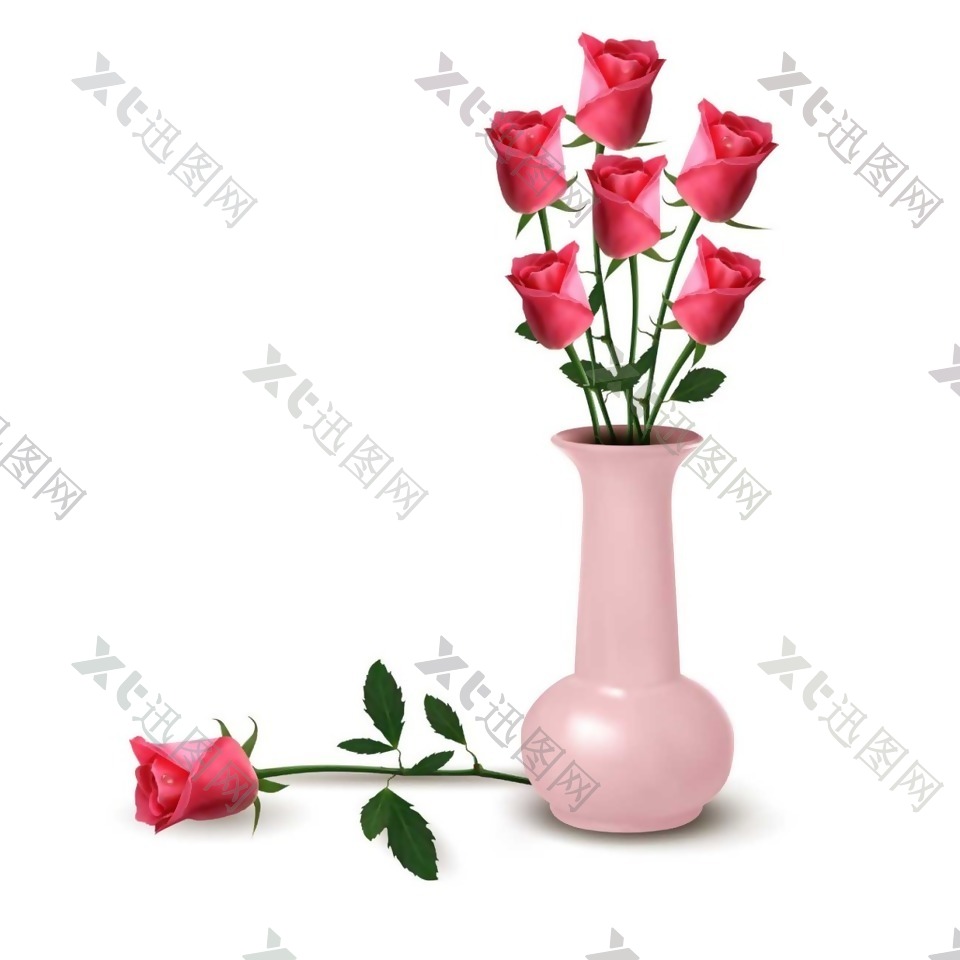 粉色花瓶和玫瑰png元素素材