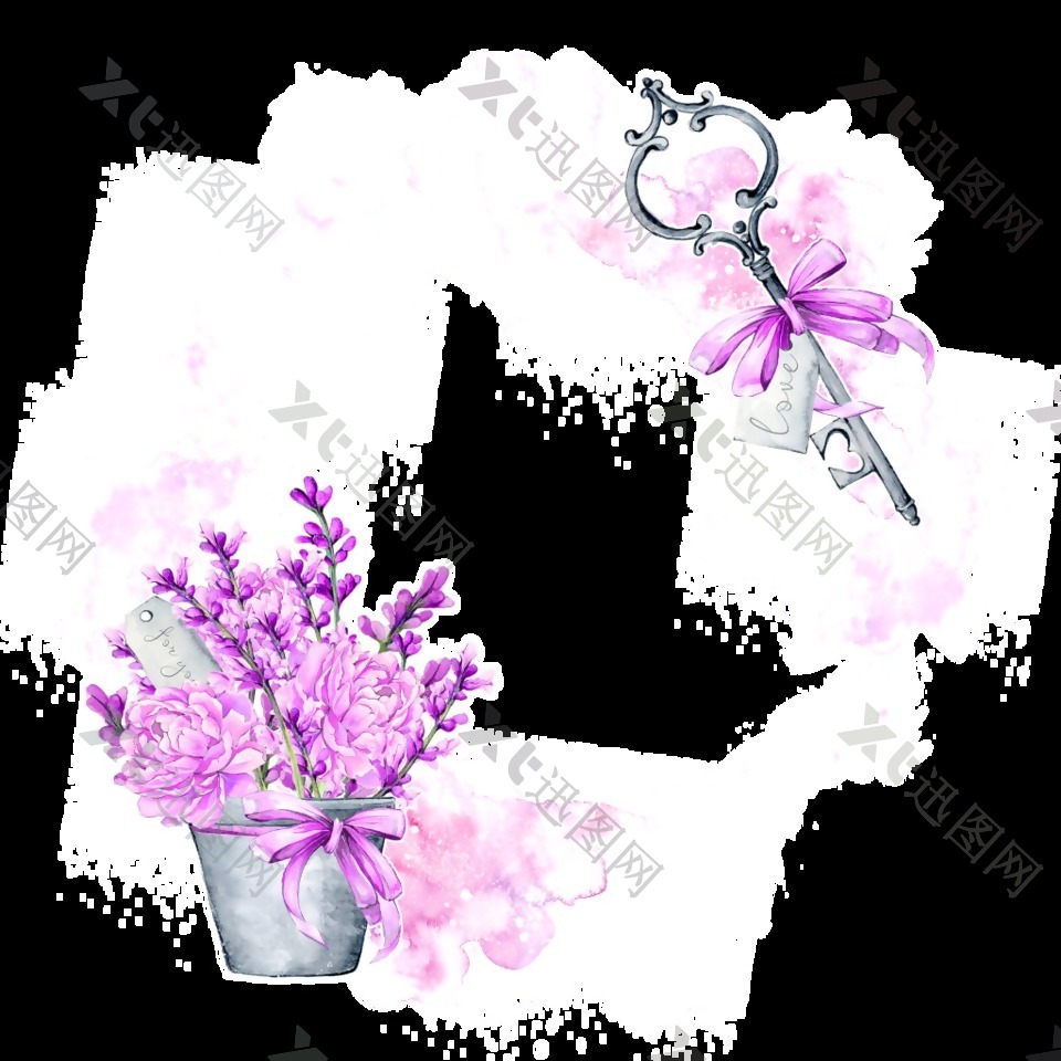 紫色元素花盆与钥匙卡通透明素材
