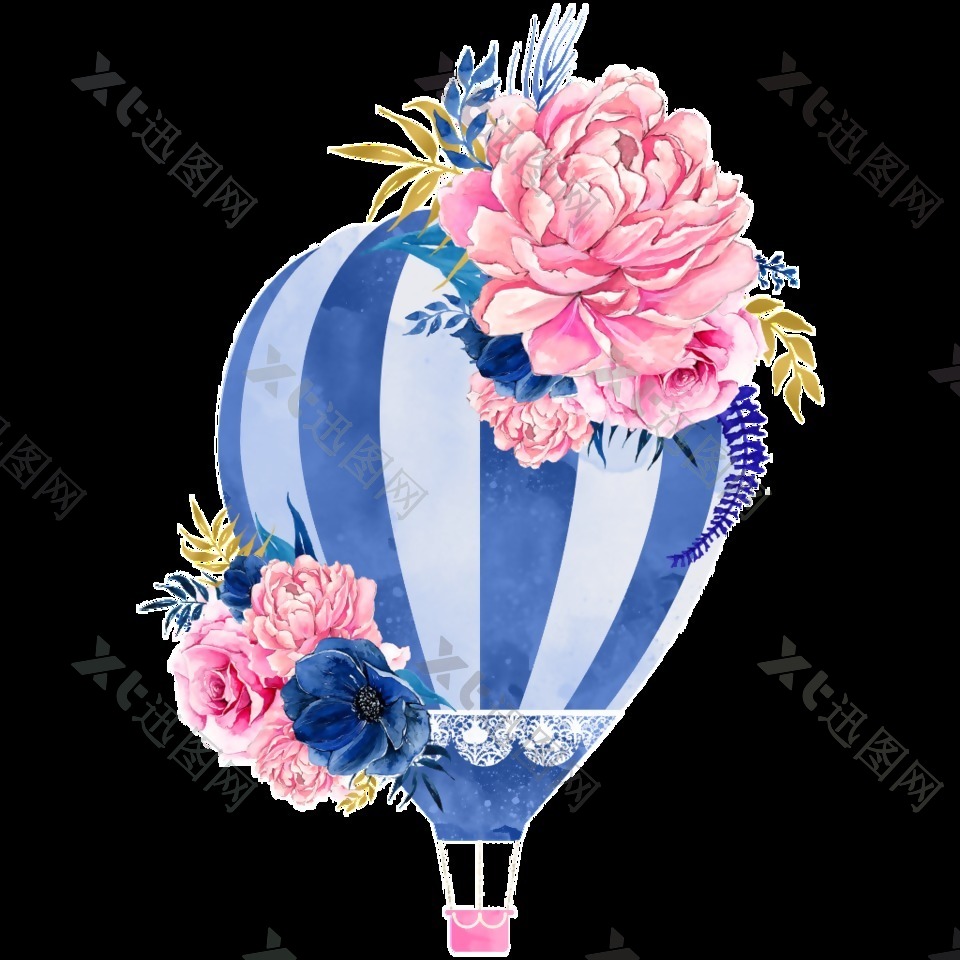 蓝色热气球卡通透明素材
