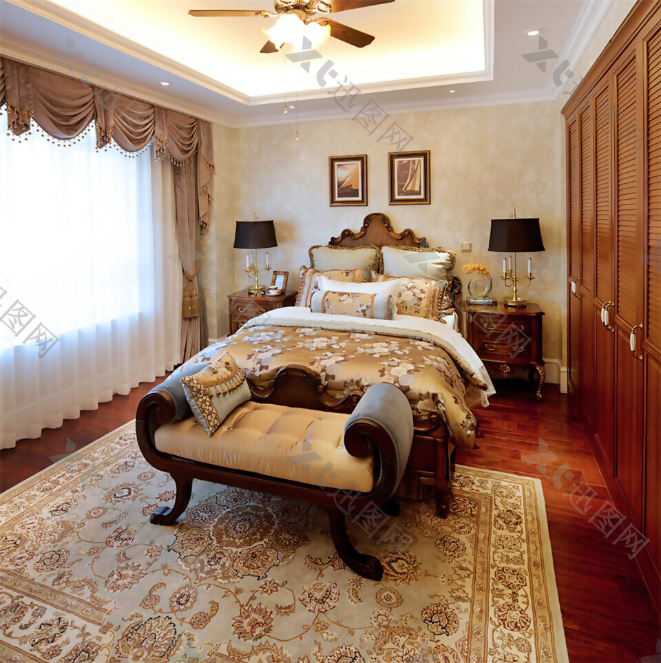 中式轻奢卧室花纹地毯室内装修效果图