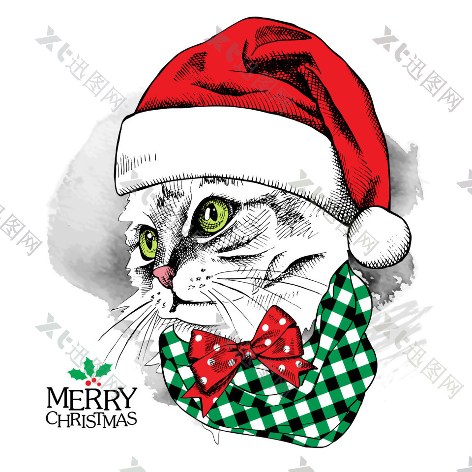 可爱抽像的圣诞小猫插画