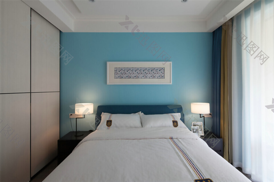 现代文艺卧室浅蓝色背景墙室内装修效果图