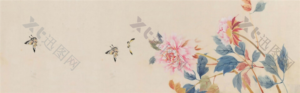 中国风手绘彩色花鸟海报背景