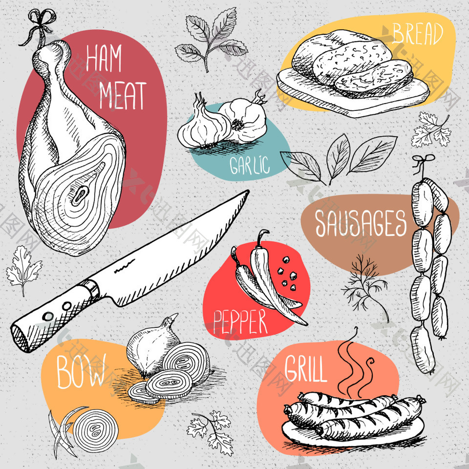 手绘美味的肉制品插画
