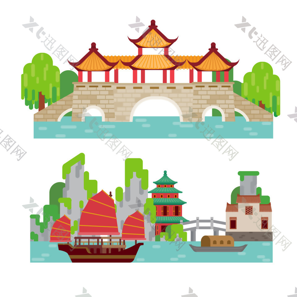 中国传统建筑风景插画