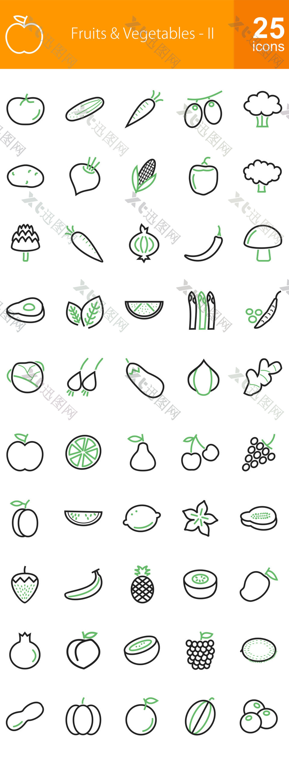 50个水果蔬菜系列绿色的黑色线条图标