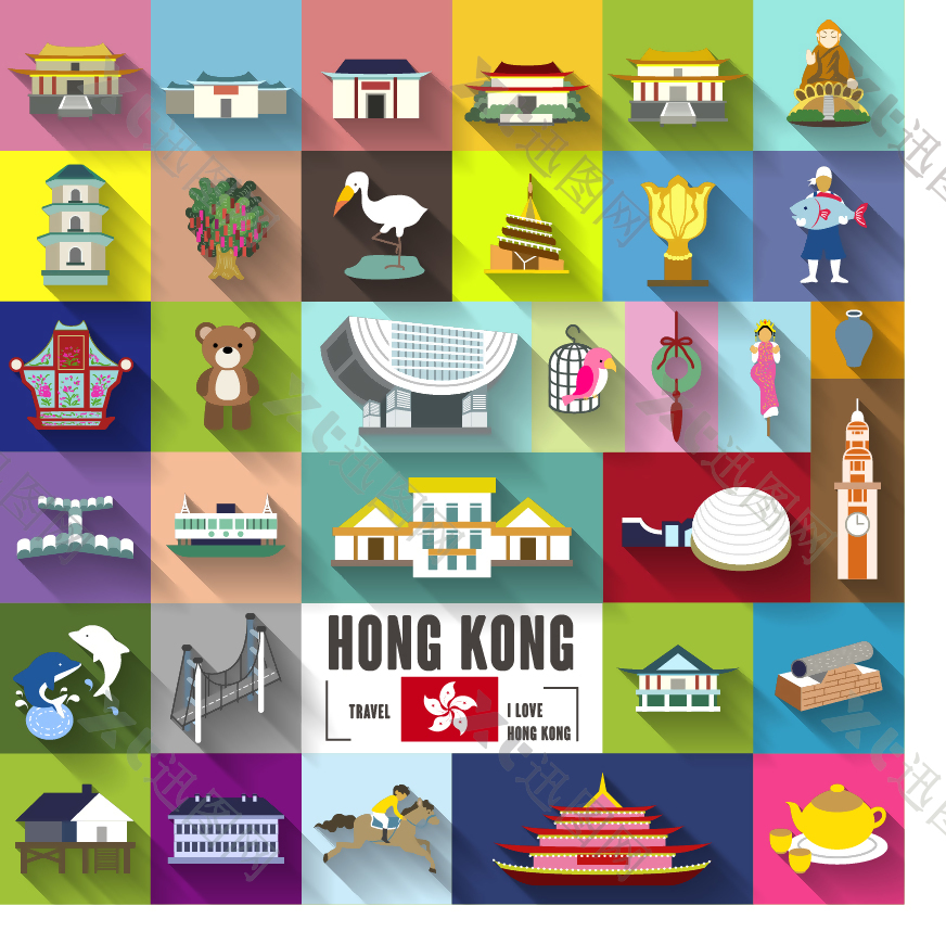 扁平香港建筑地标插画