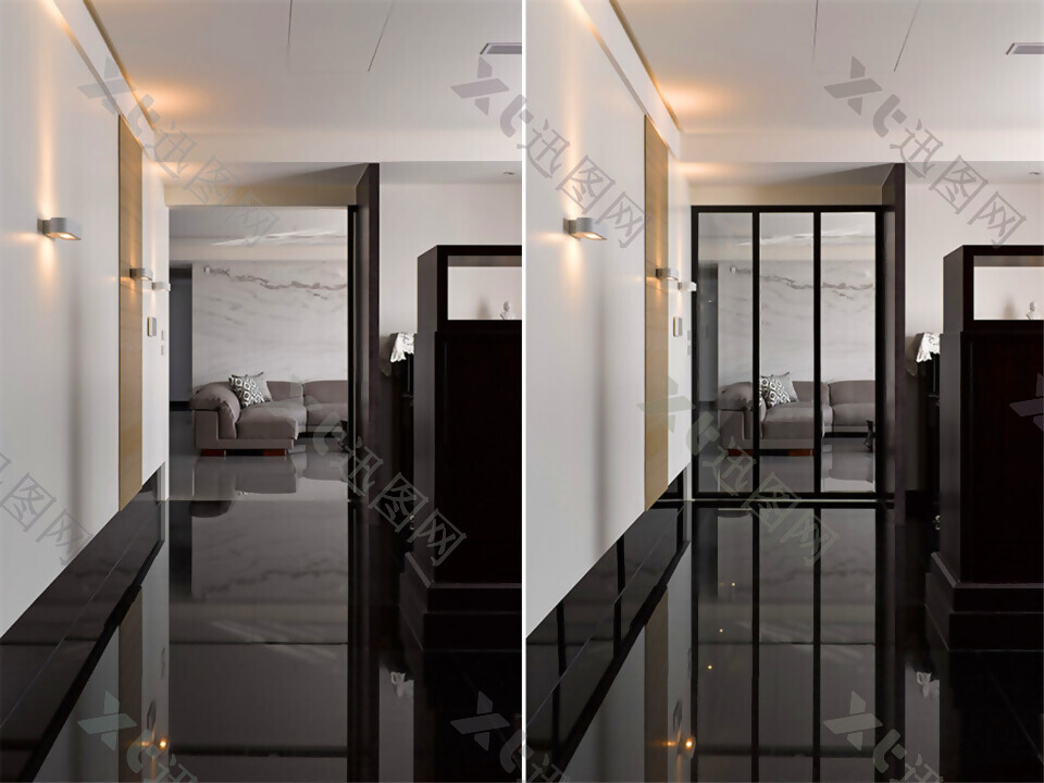 现代质感客厅黑色亮面地板室内装修效果图