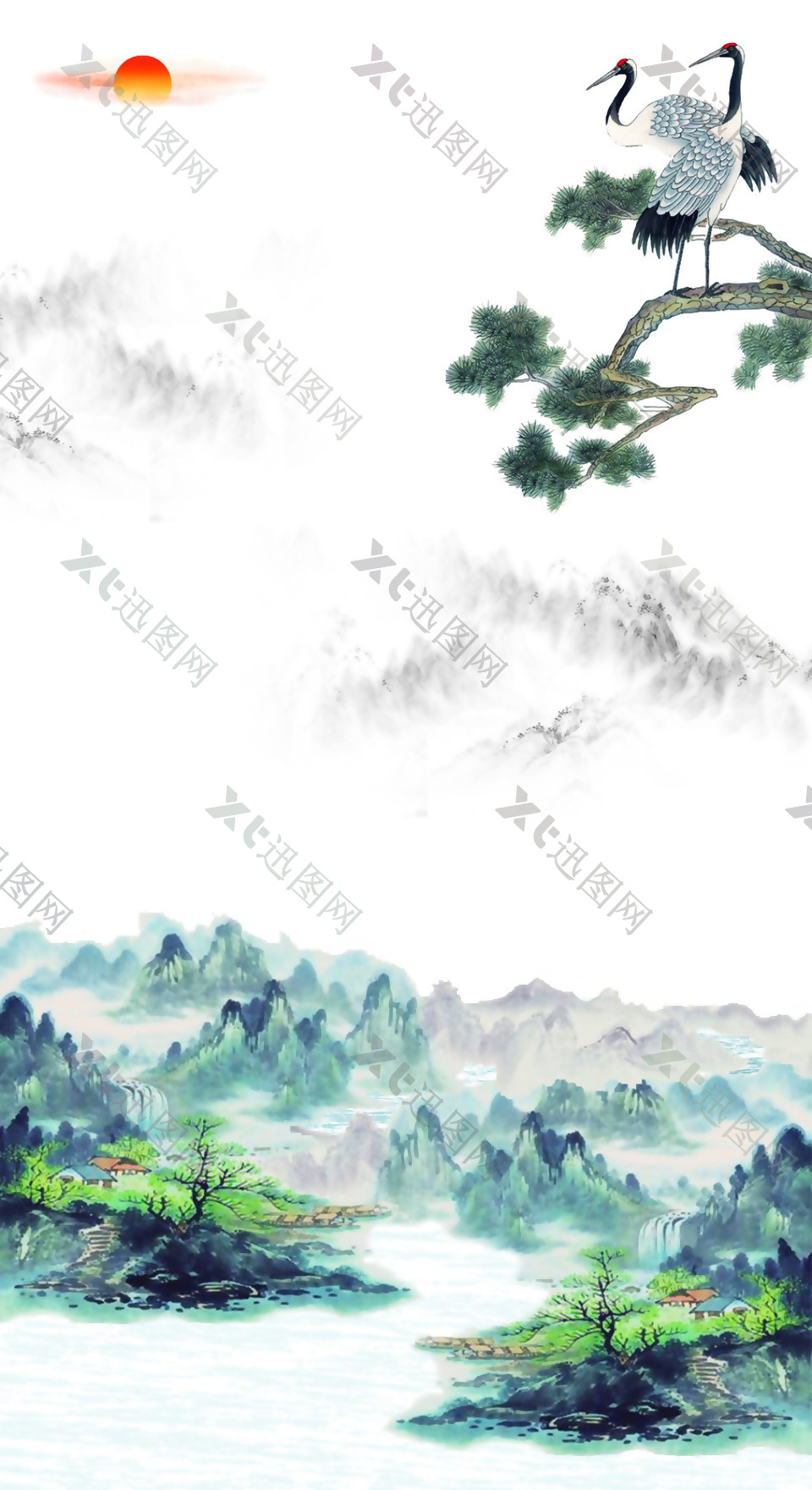 松树仙鹤中国风背景