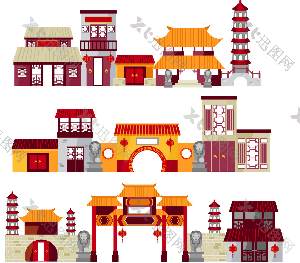 仿古中国传统建筑插画