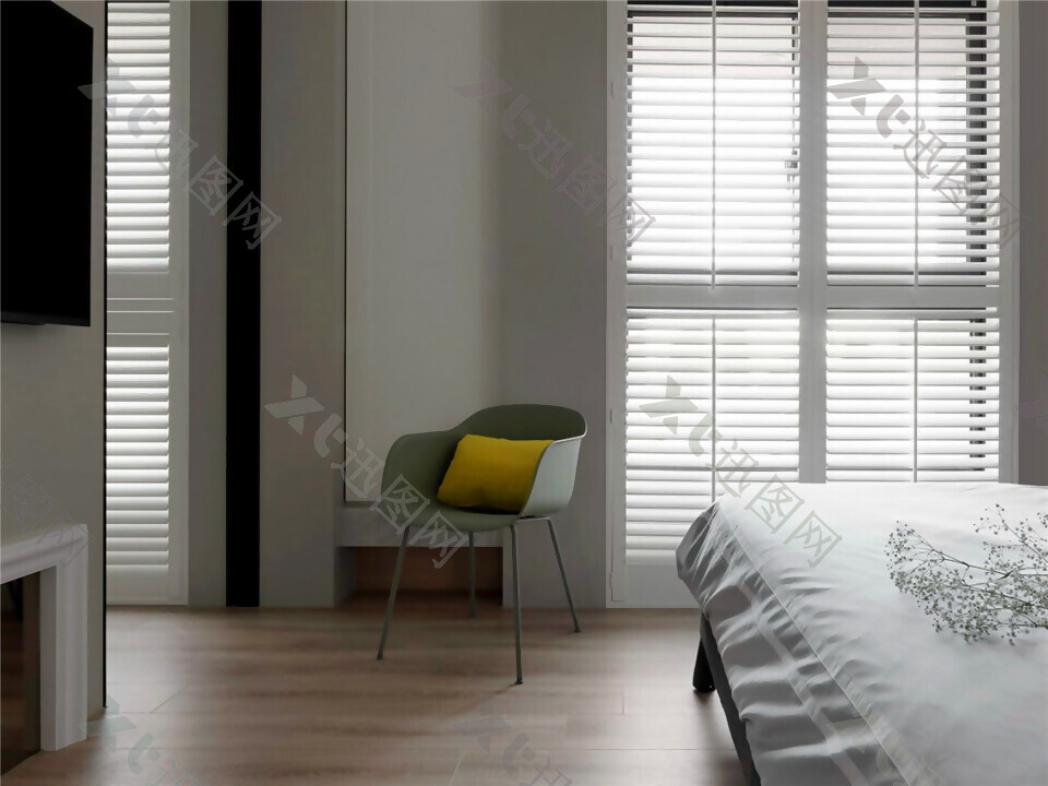 现代清新卧室白色百叶窗室内装修效果图