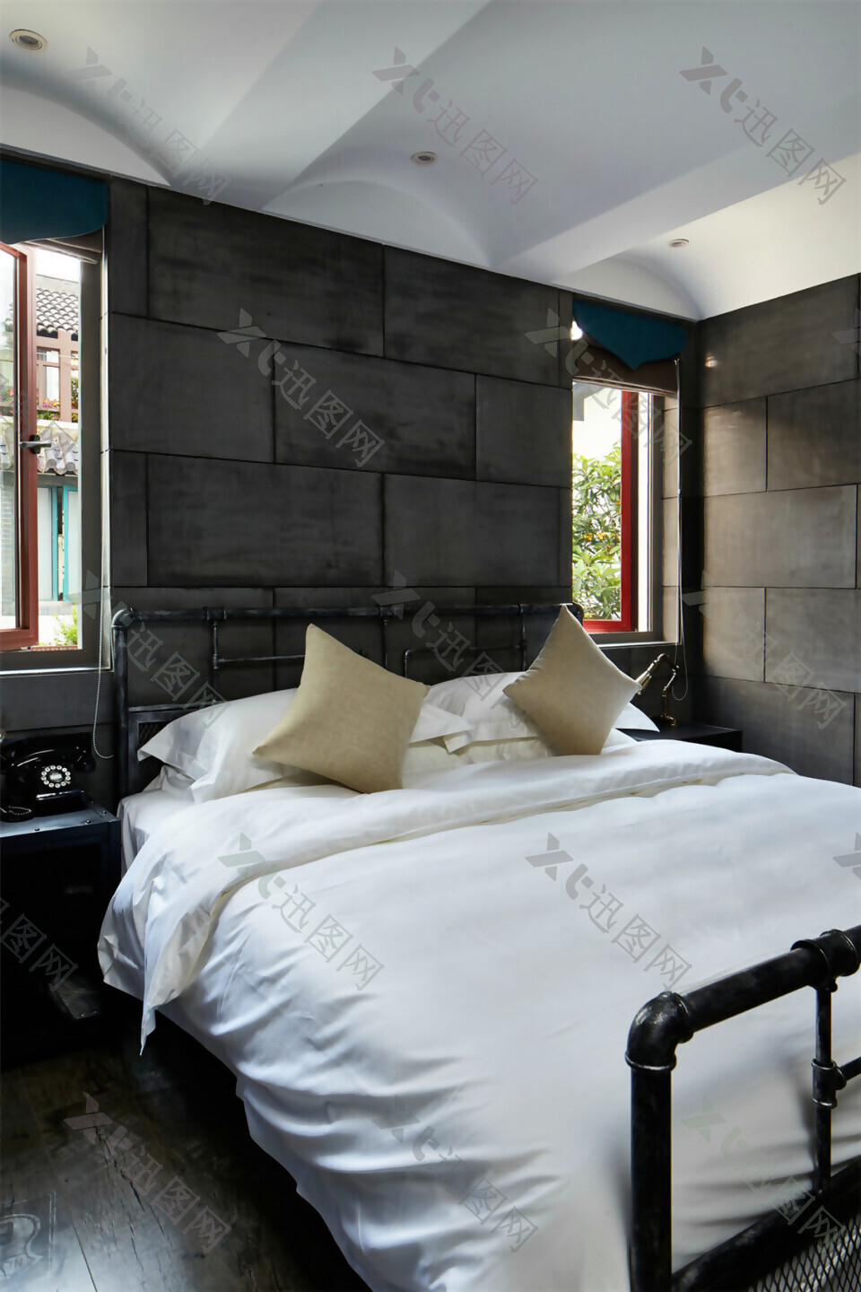 现代时尚冷淡风卧室深色块状背景墙室内装修