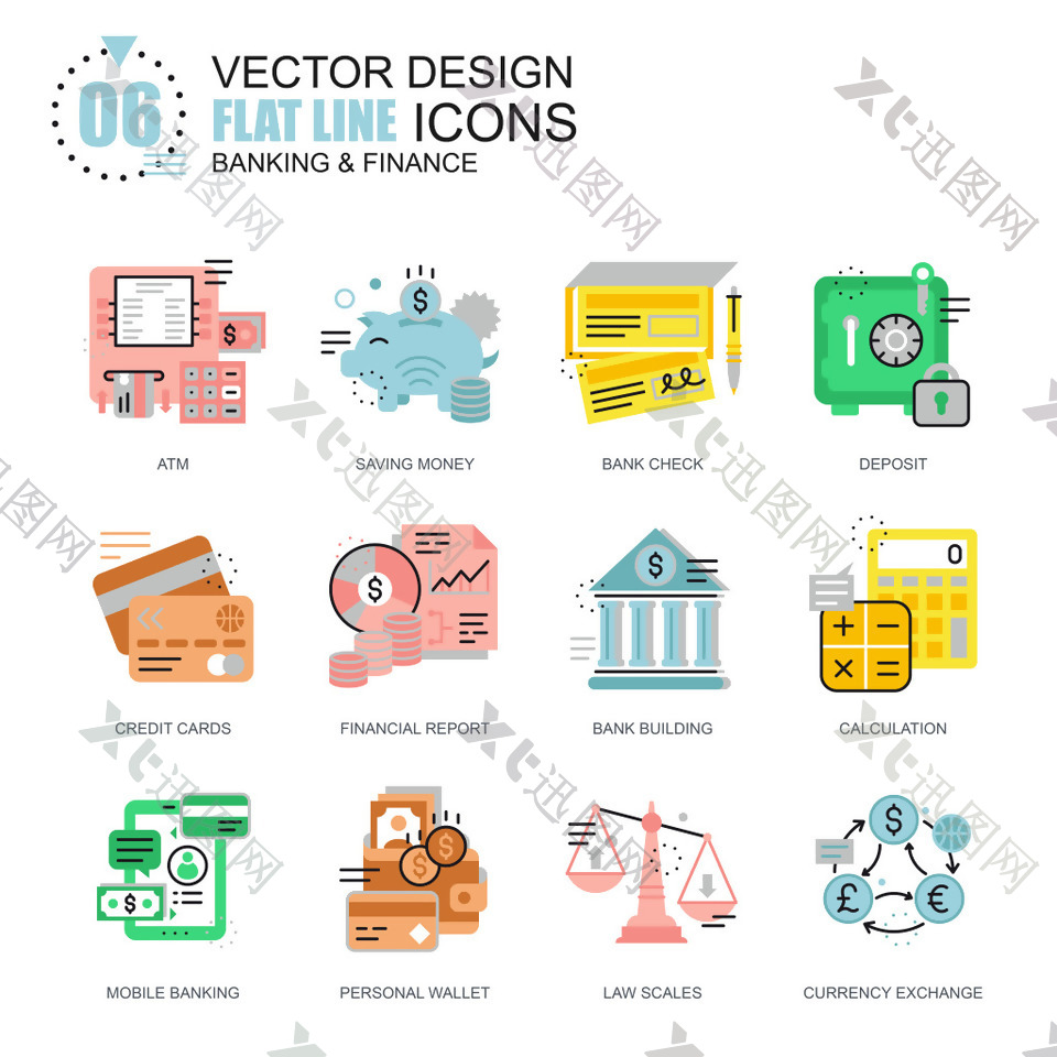 银行和金融扁平化线条彩色图标