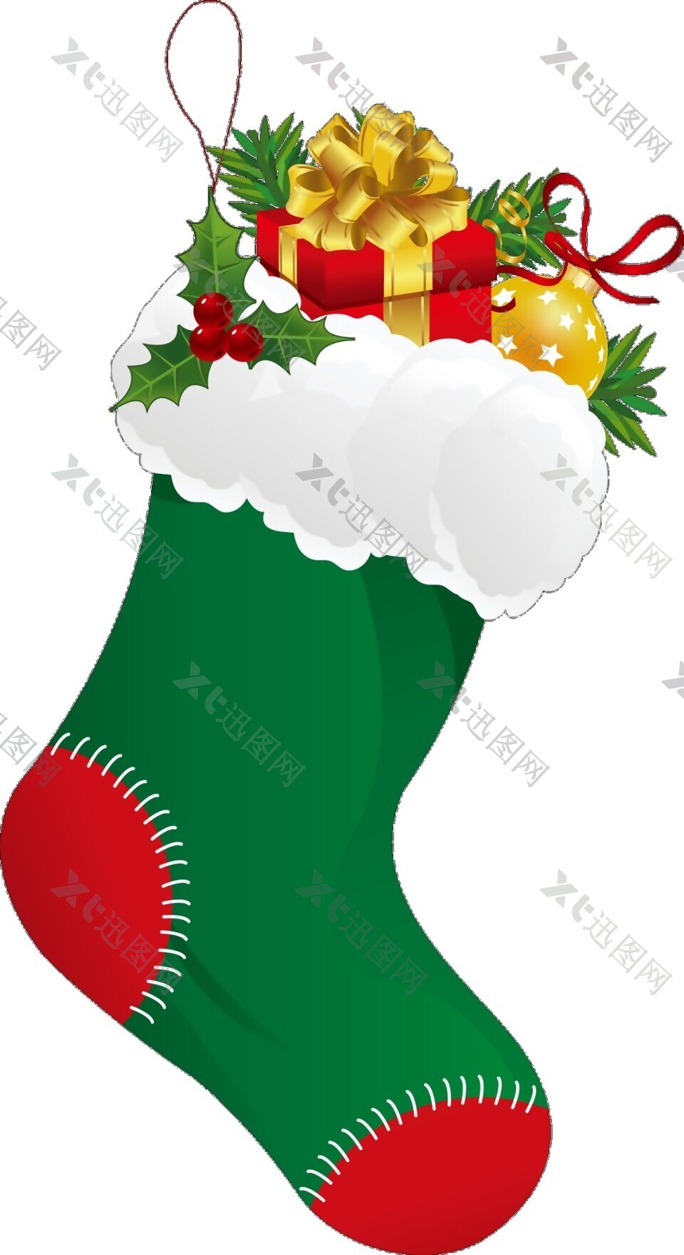 绿色圣诞袜里的圣诞礼物元素
