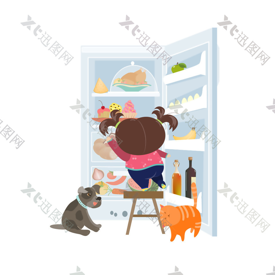 卡通人物打开冰箱猫咪素材