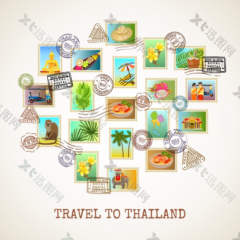 19张泰国风情旅行邮票矢量素材