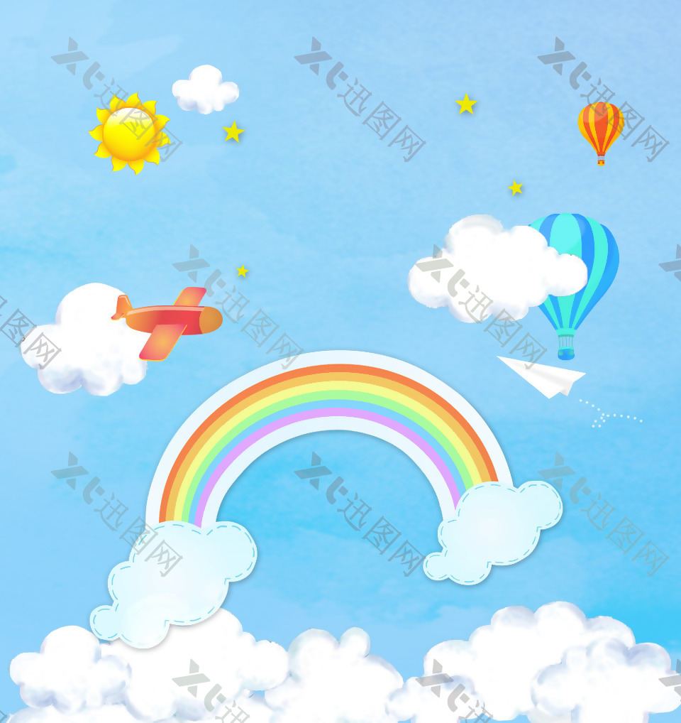 蓝色背景彩虹热气球宝宝宴迎宾主背景