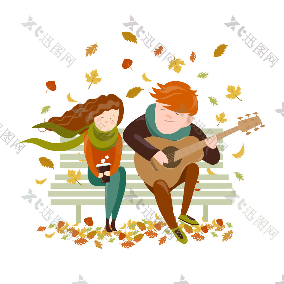 秋天公园里的男孩为女孩弹吉他