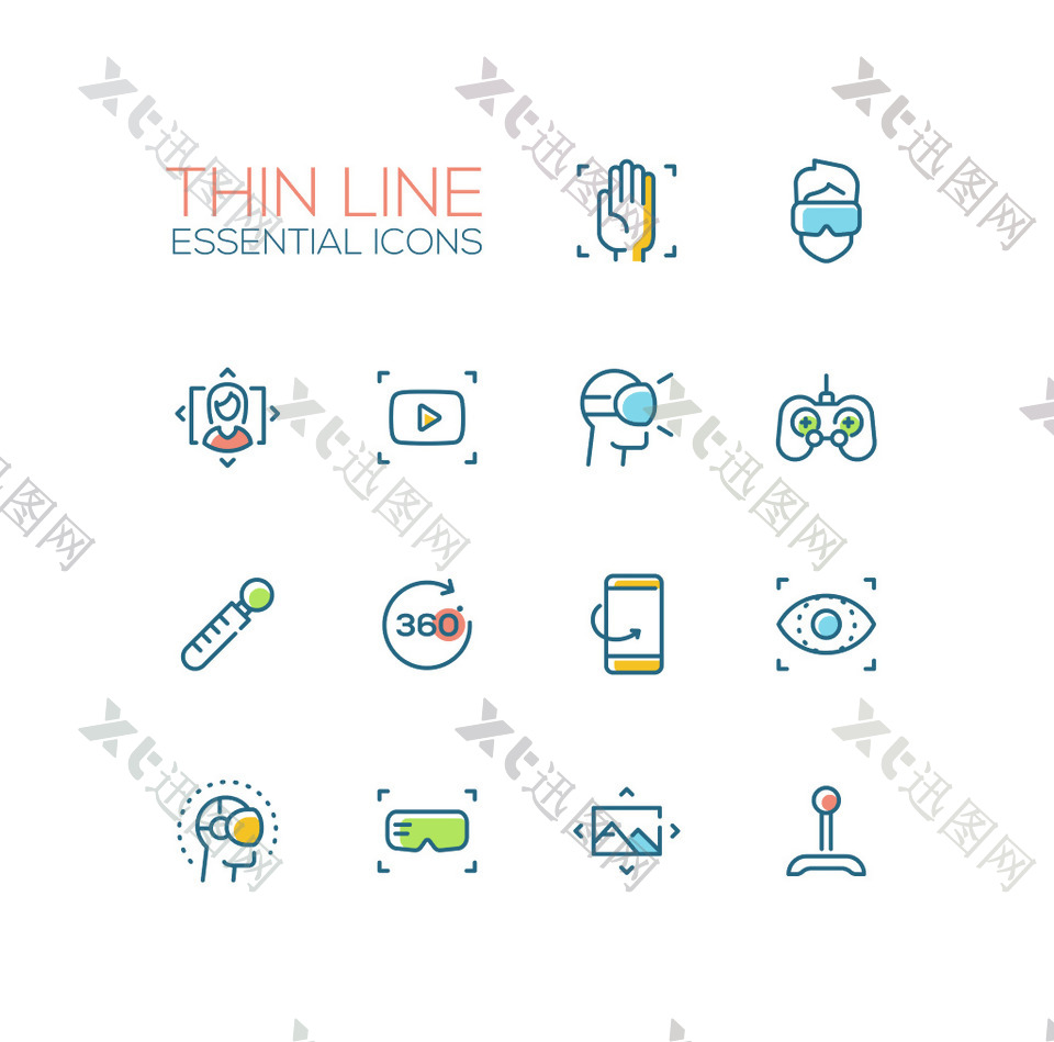 虚拟现实简约的线性图标集