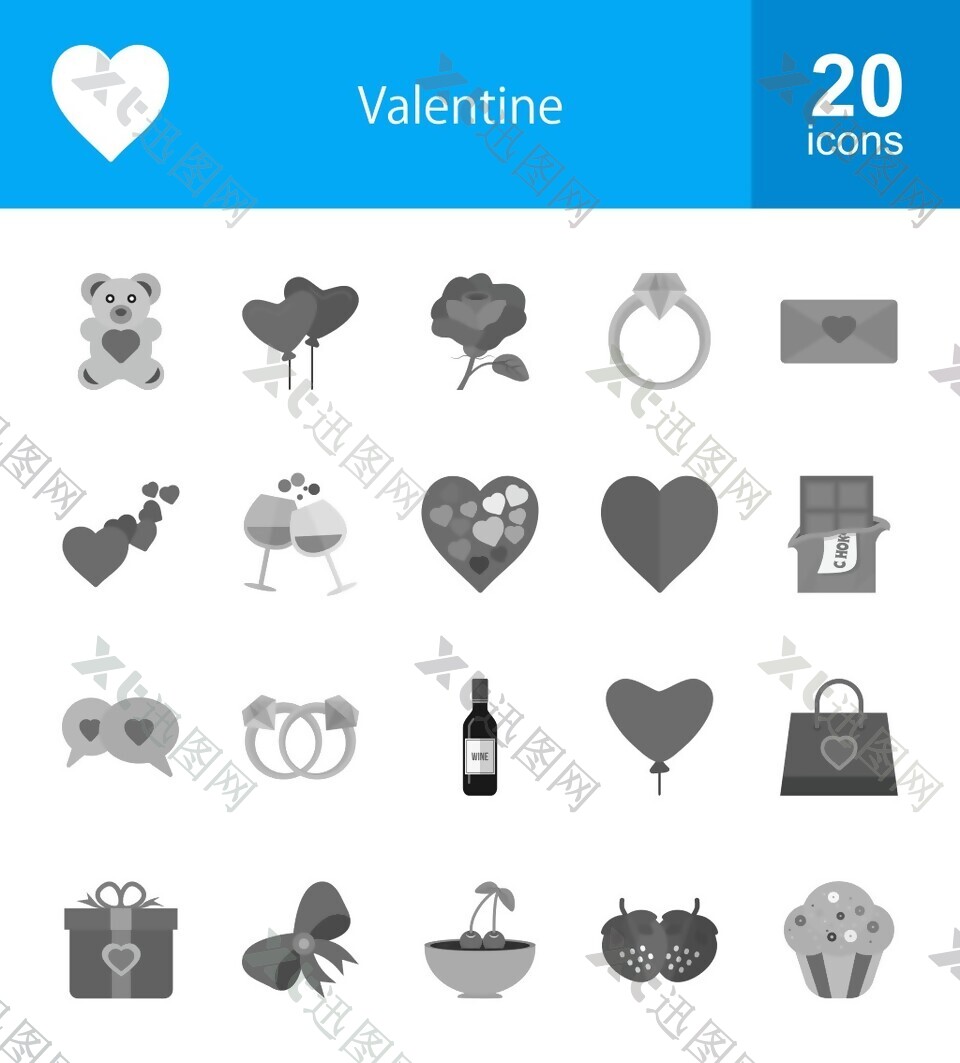 20枚情人节的灰色图标