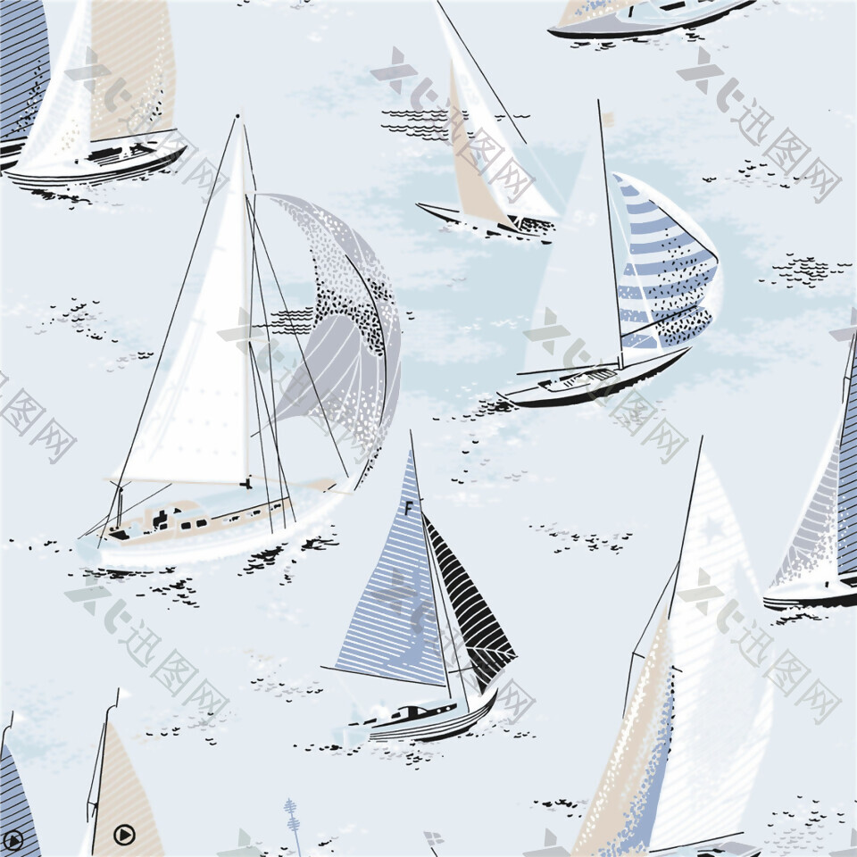 清新海洋元素帆船壁纸图案
